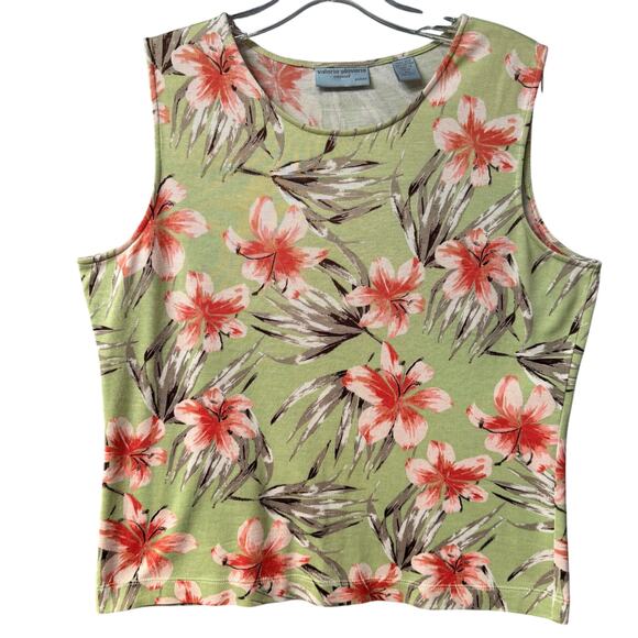Valerie Stevens Tropical Floral Silk Blend Tank Top Women PL Green Pink Brown - Picture 1 of 7